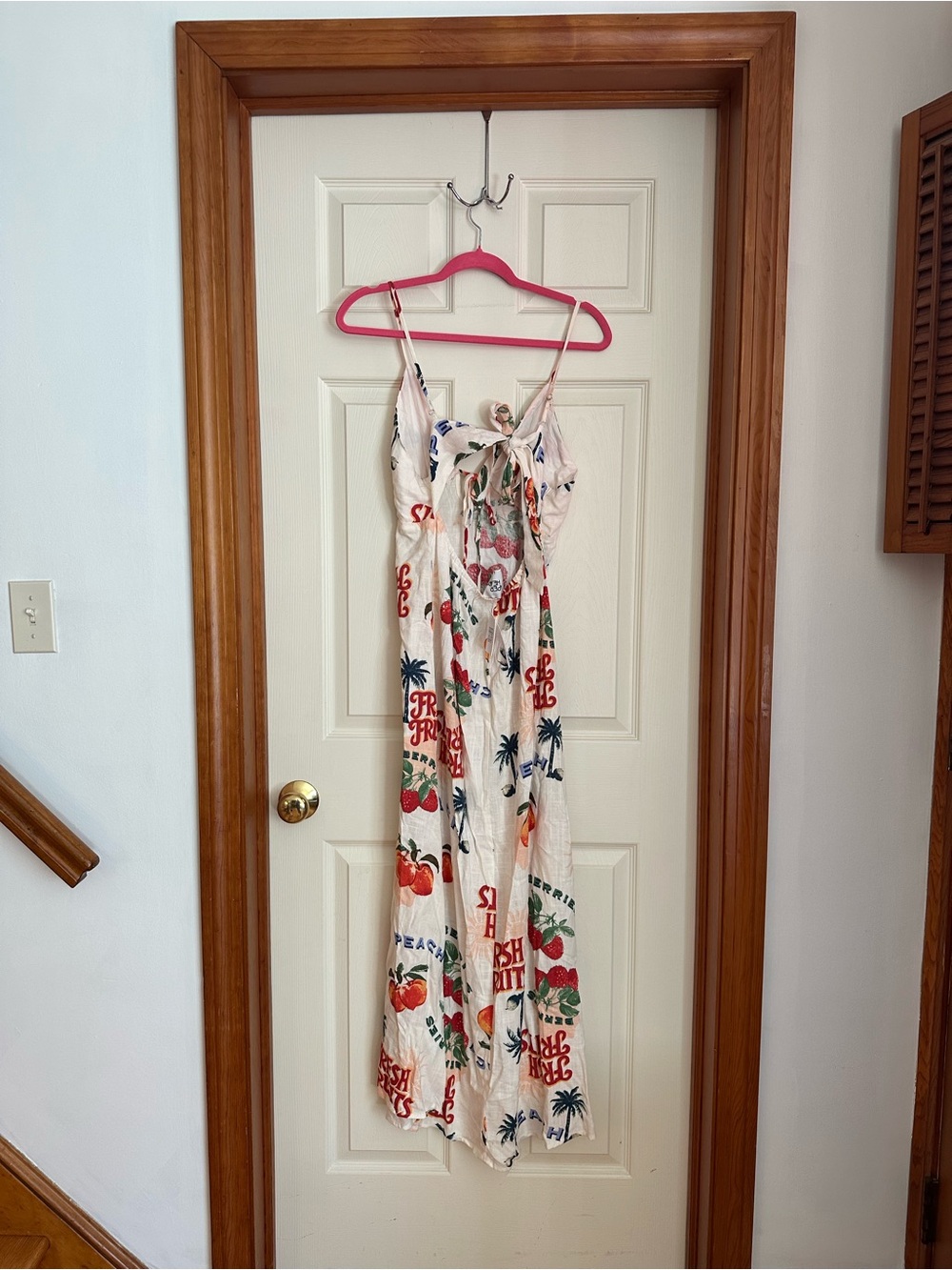 Linen Tie Back Fruit-Print Maxi Slip Dress with Spaghetti Straps - Picture 3 of 8